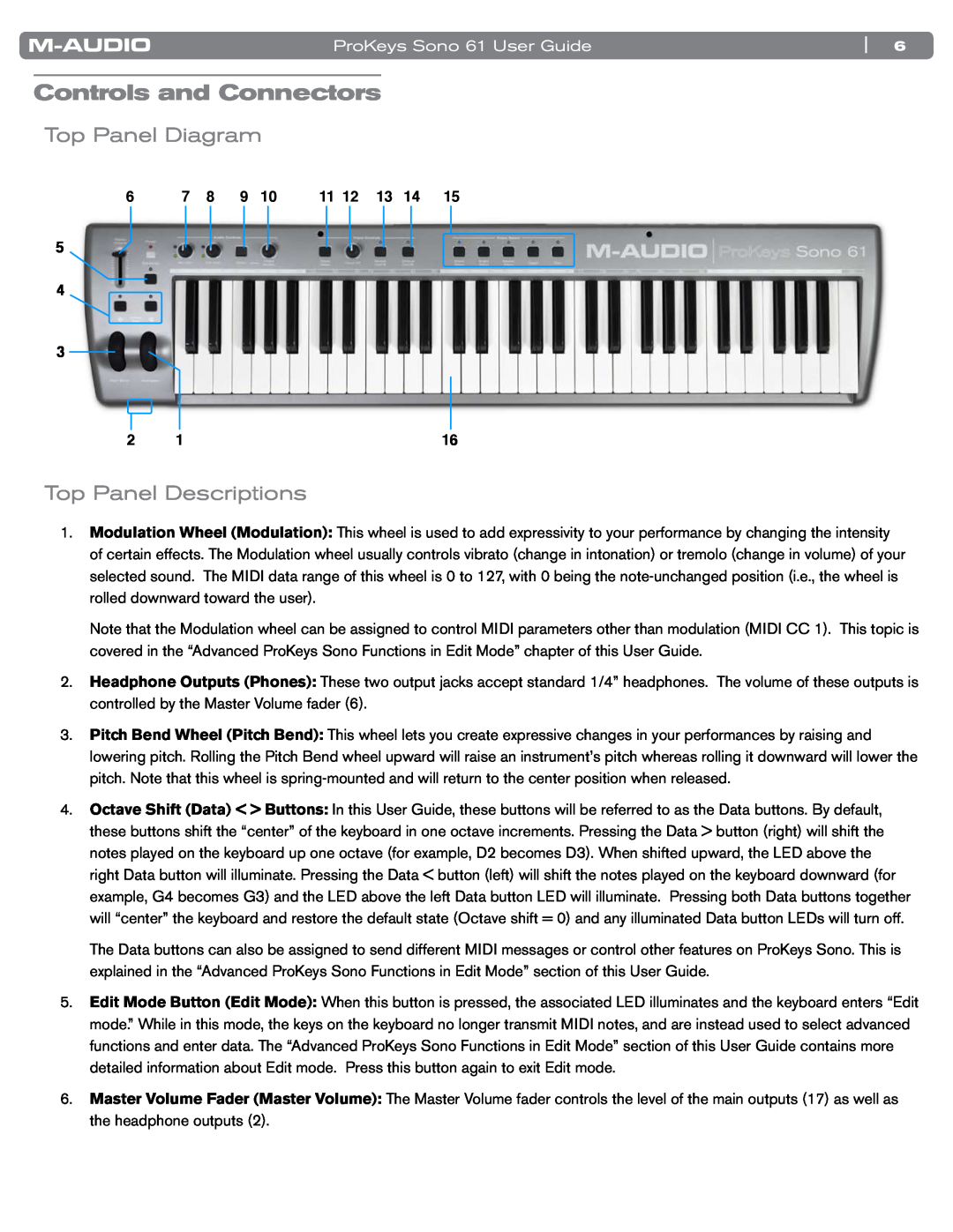 M-Audio SONO 61 manual Controls and Connectors, Top Panel Diagram, Top Panel Descriptions, ProKeys Sono 61 User Guide 