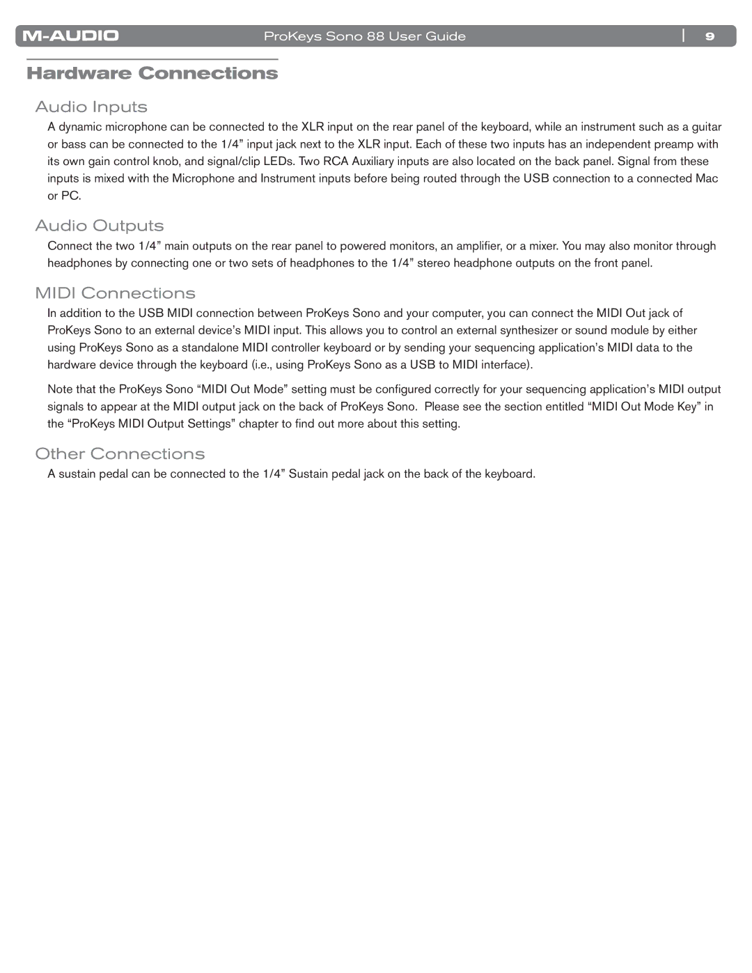 M-Audio SONO 88 manual Hardware Connections, Audio Inputs, Audio Outputs, Midi Connections, Other Connections 