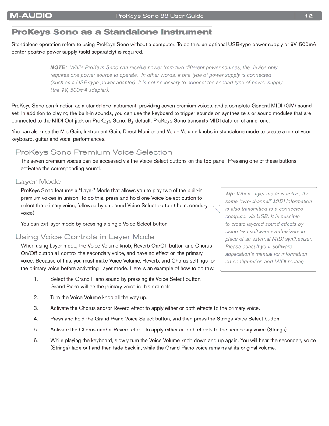 M-Audio SONO 88 manual ProKeys Sono as a Standalone Instrument, ProKeys Sono Premium Voice Selection, Layer Mode 