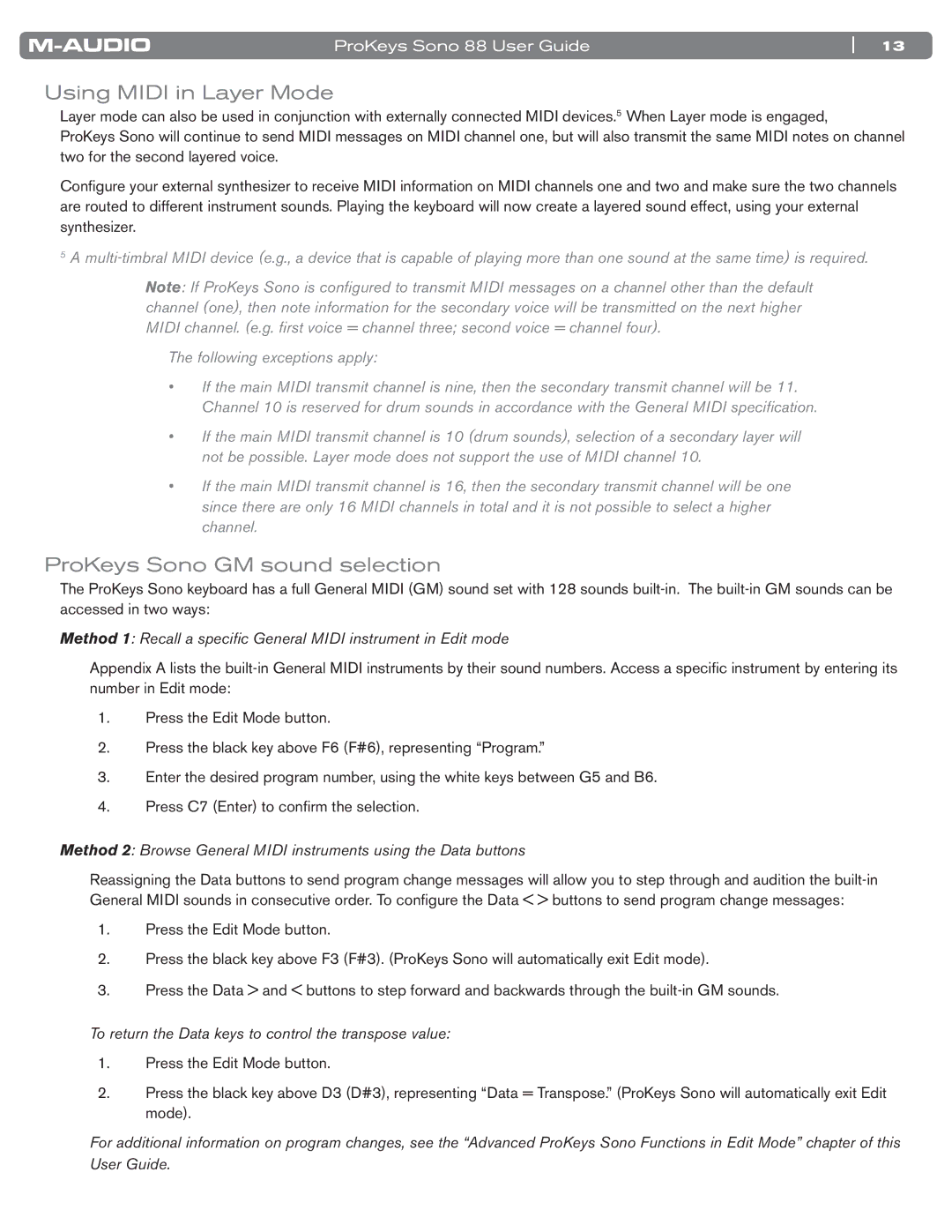 M-Audio SONO 88 manual Using Midi in Layer Mode, ProKeys Sono GM sound selection 