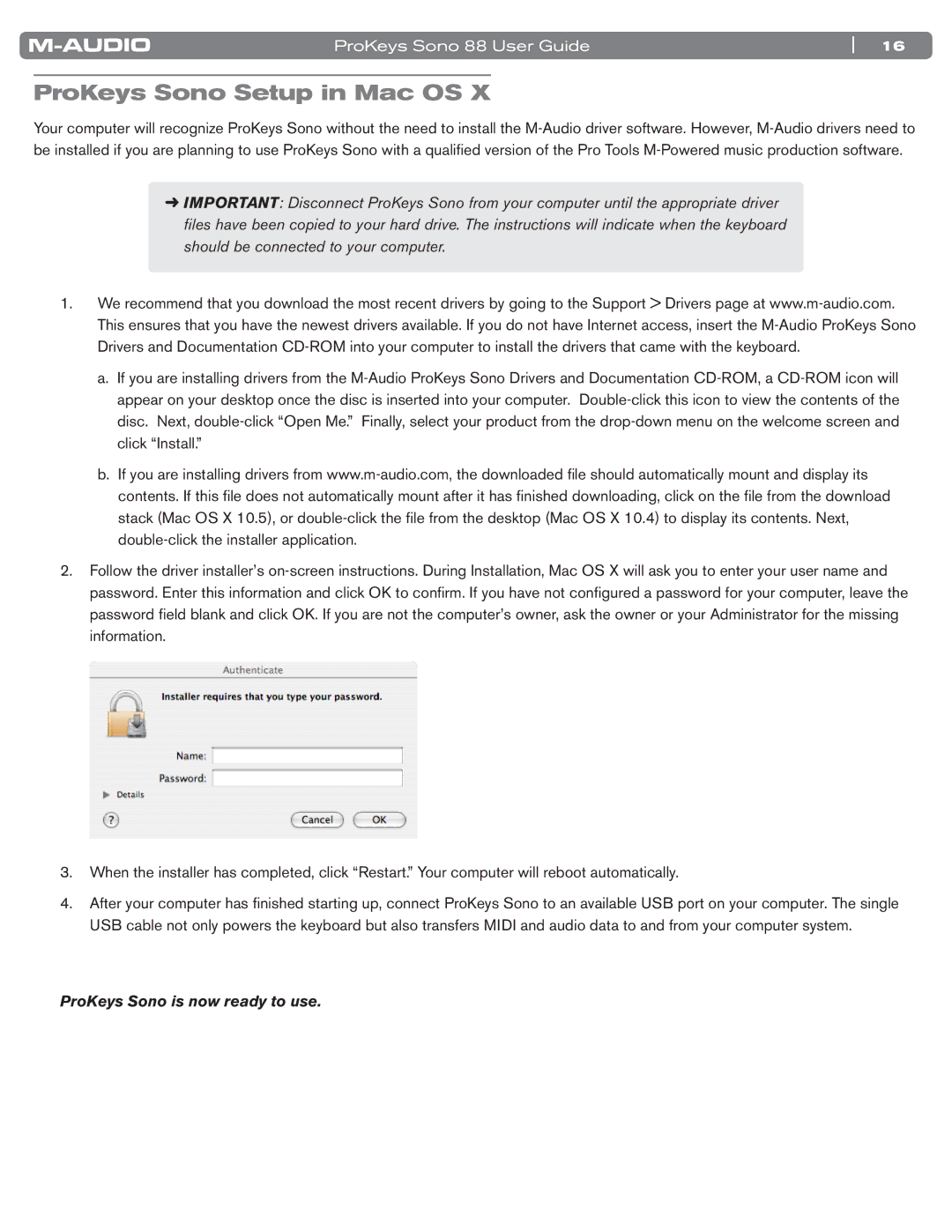 M-Audio SONO 88 manual ProKeys Sono Setup in Mac OS 