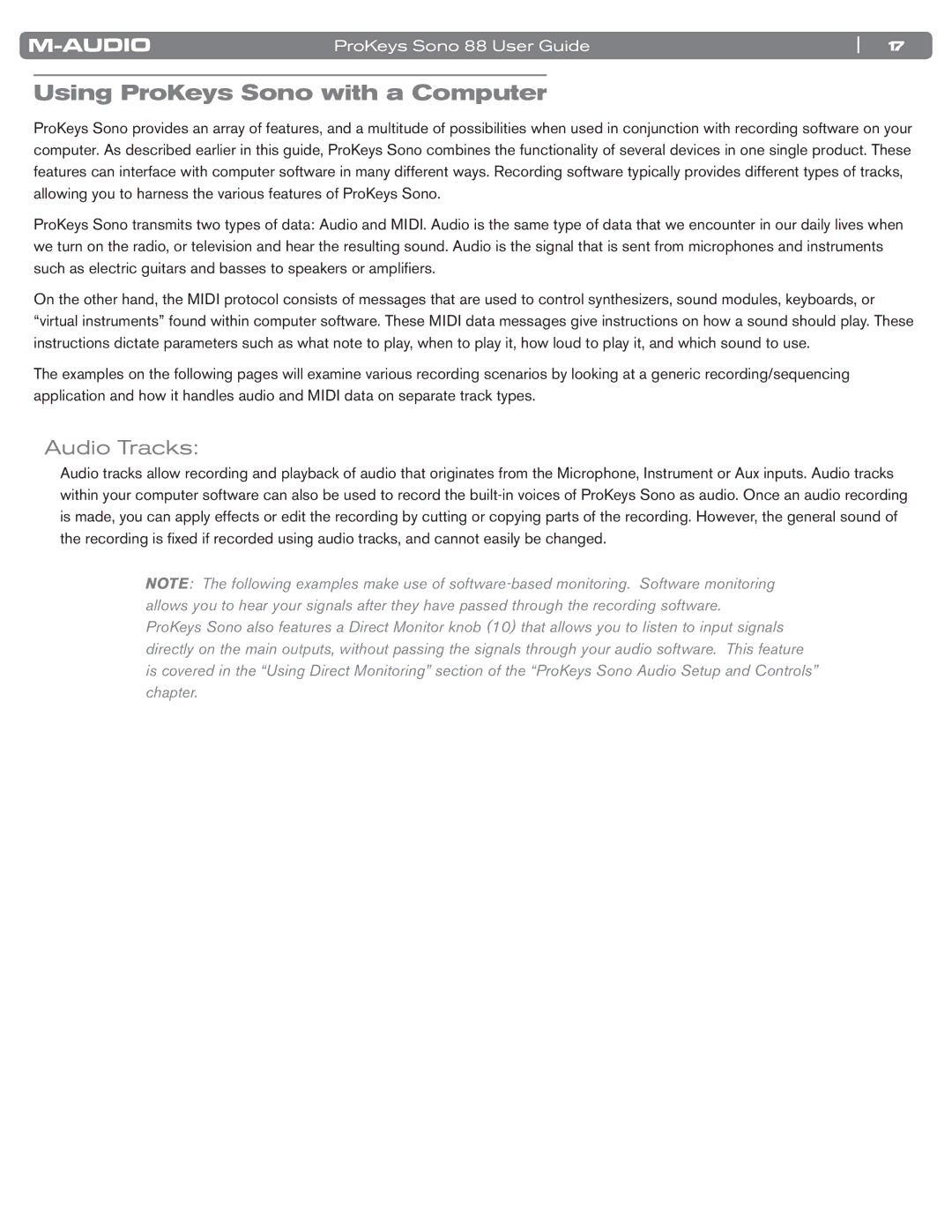 M-Audio SONO 88 manual Using ProKeys Sono with a Computer, Audio Tracks 