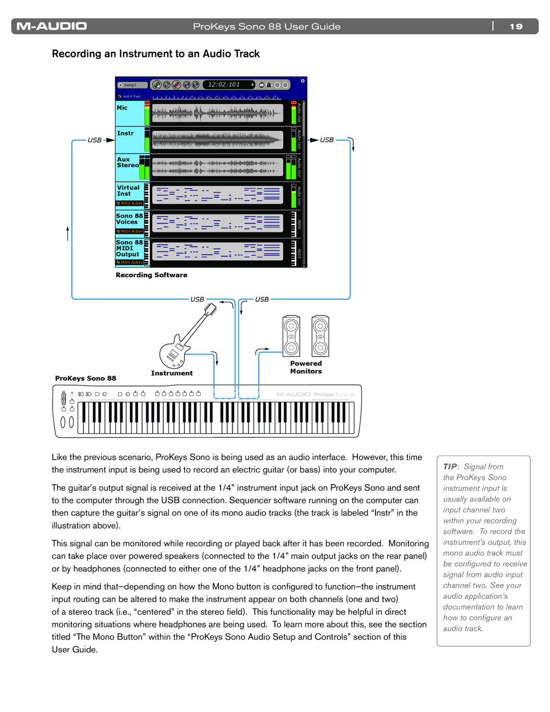 M-Audio SONO 88 manual Recording an Instrument to an Audio Track 