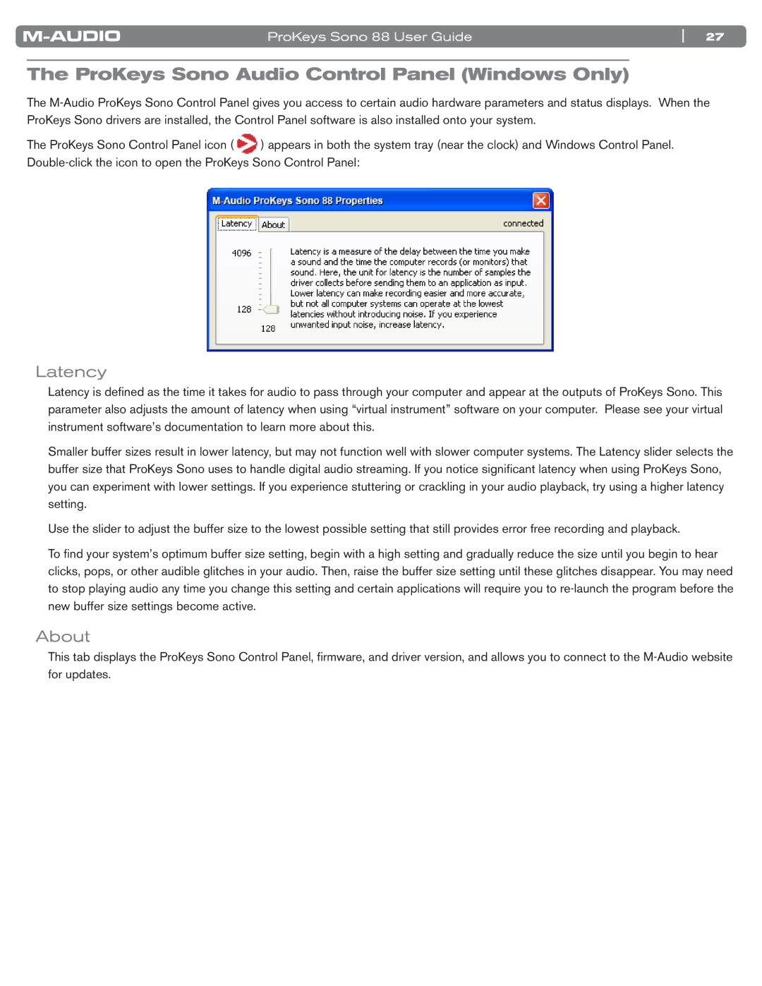 M-Audio SONO 88 manual ProKeys Sono Audio Control Panel Windows Only, Latency, About 