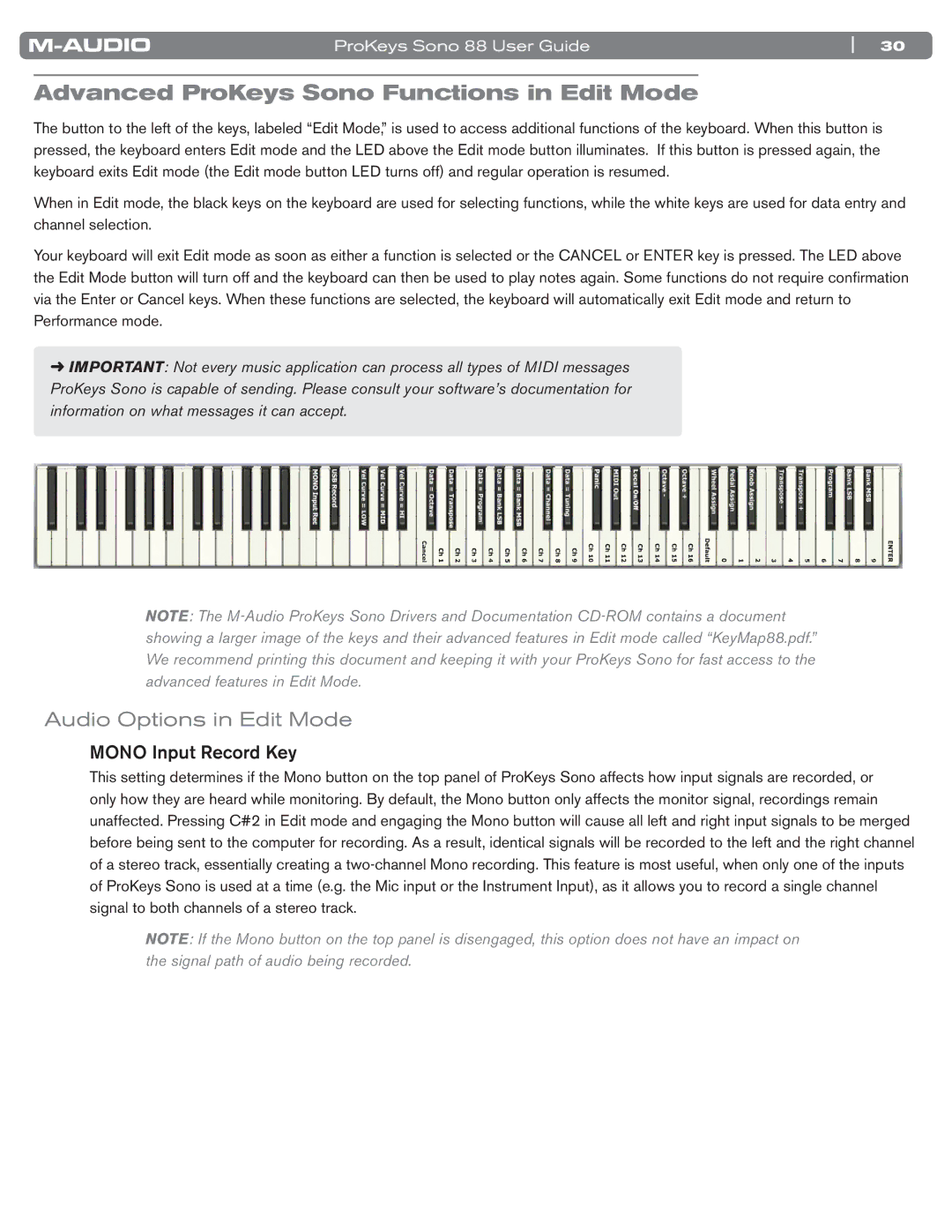 M-Audio SONO 88 manual Advanced ProKeys Sono Functions in Edit Mode, Audio Options in Edit Mode, Mono Input Record Key 