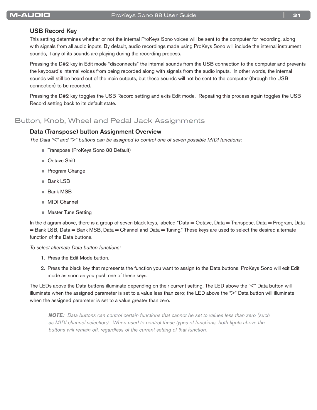 M-Audio SONO 88 Button, Knob, Wheel and Pedal Jack Assignments, USB Record Key, Data Transpose button Assignment Overview 