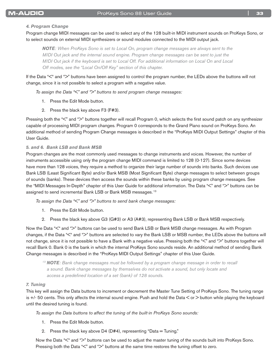 M-Audio SONO 88 manual Program Change, To assign the Data and buttons to send bank change messages 