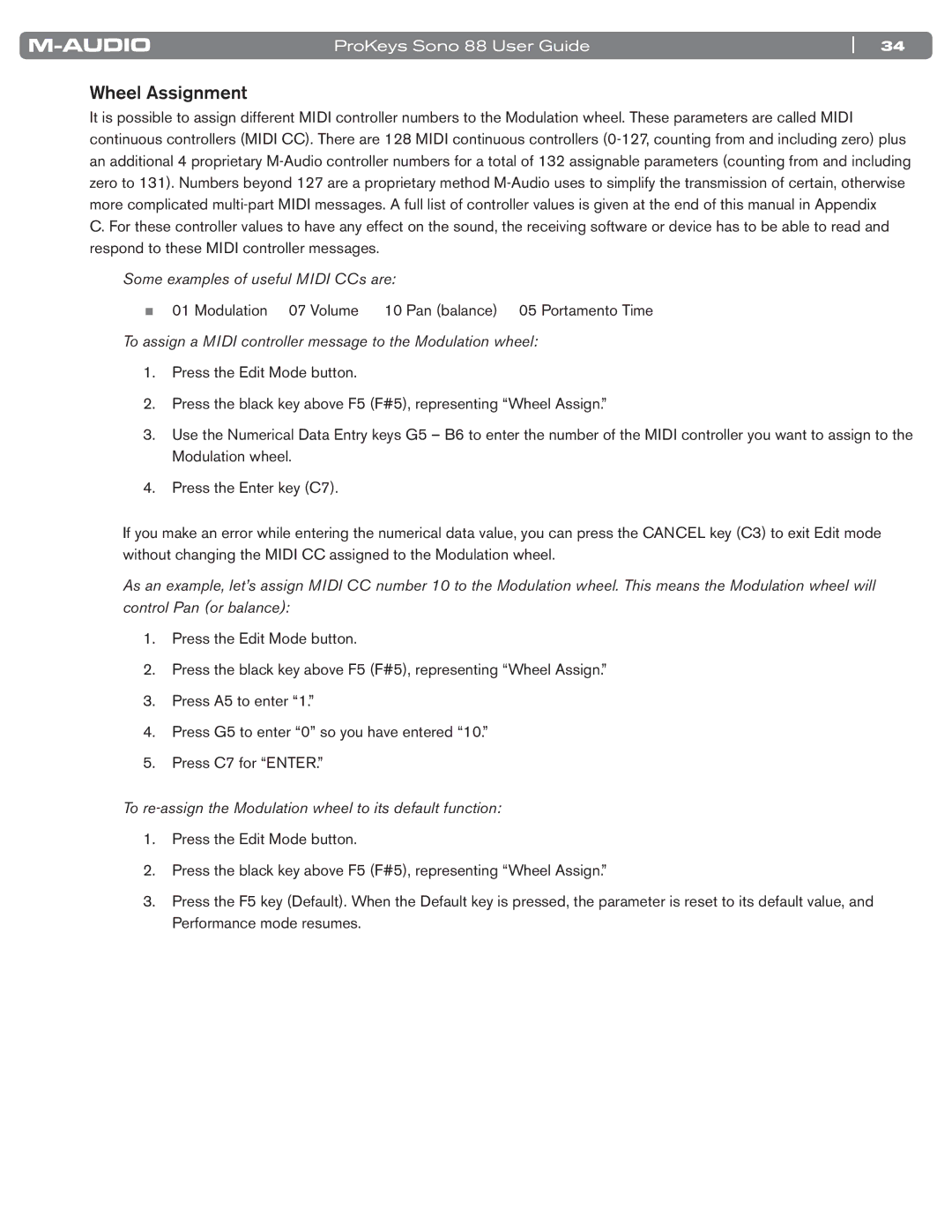 M-Audio SONO 88 manual Wheel Assignment, Some examples of useful Midi CCs are 