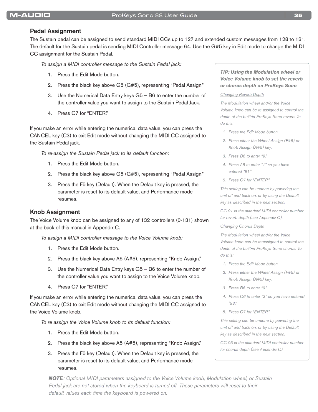 M-Audio SONO 88 manual Pedal Assignment, Knob Assignment, To re-assign the Sustain Pedal jack to its default function 