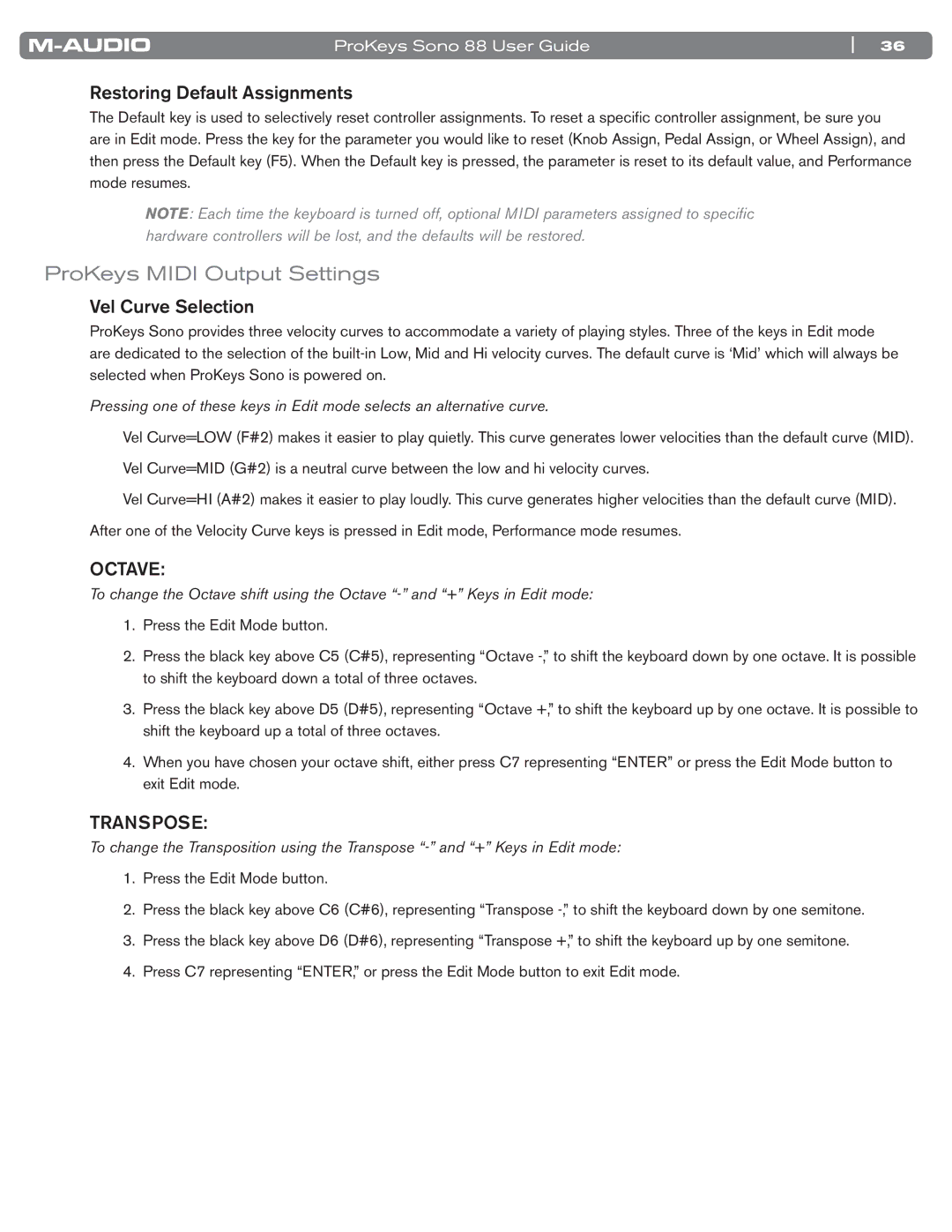 M-Audio SONO 88 manual ProKeys Midi Output Settings, Restoring Default Assignments, Vel Curve Selection 