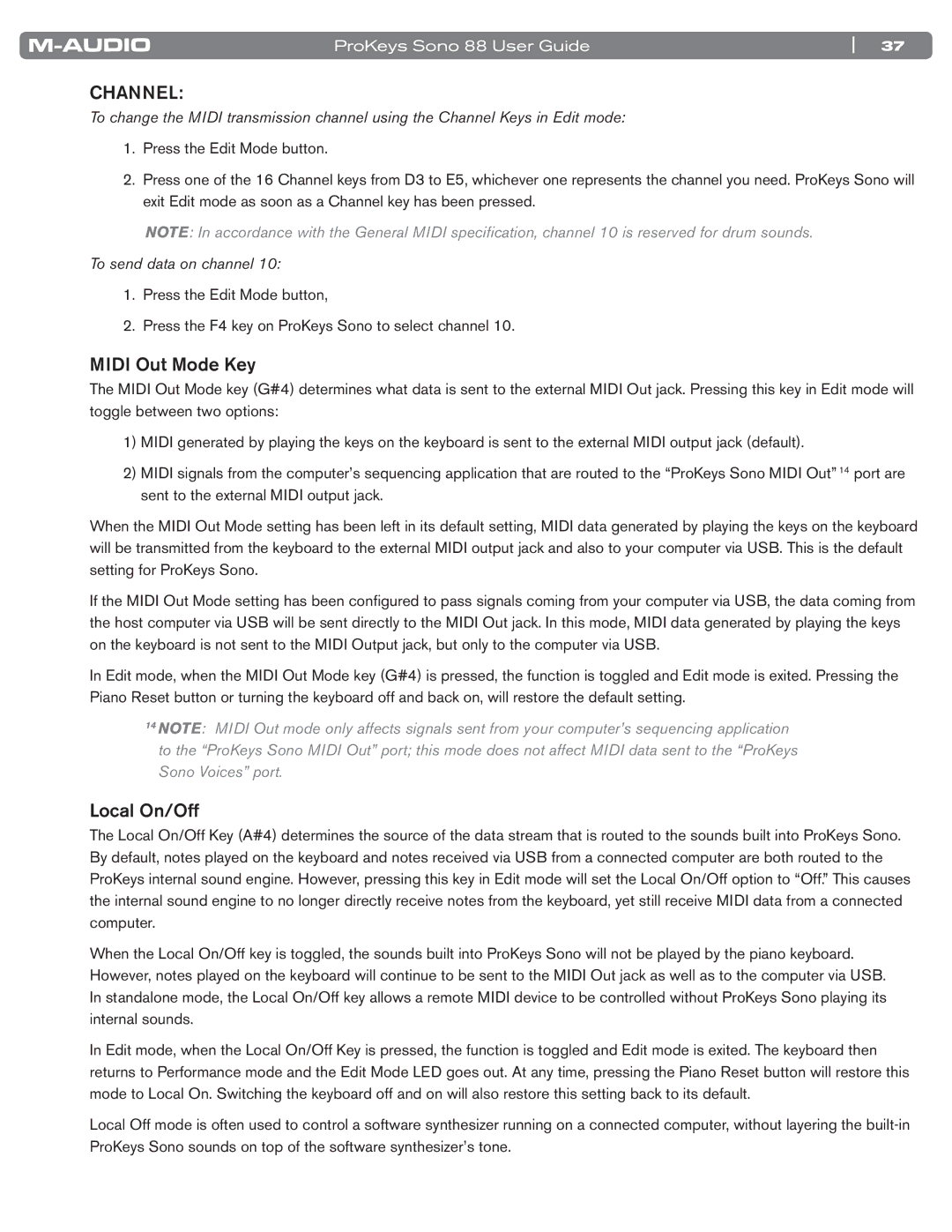 M-Audio SONO 88 manual Midi Out Mode Key, Local On/Off, To send data on channel 