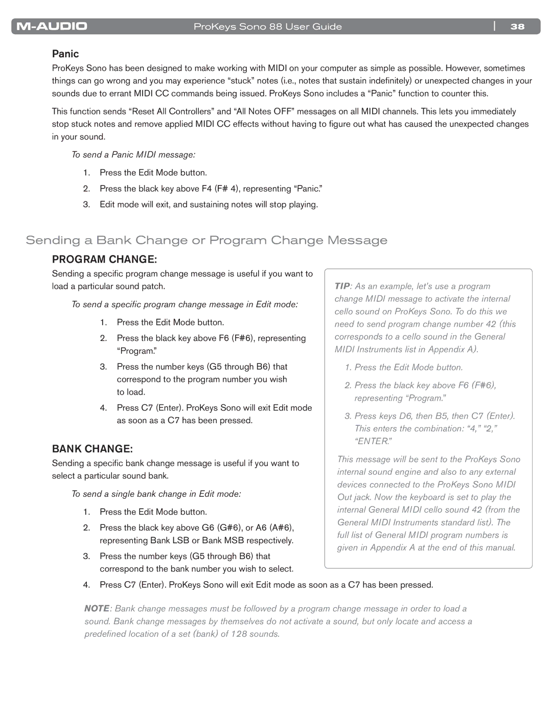 M-Audio SONO 88 manual Sending a Bank Change or Program Change Message, To send a Panic Midi message 
