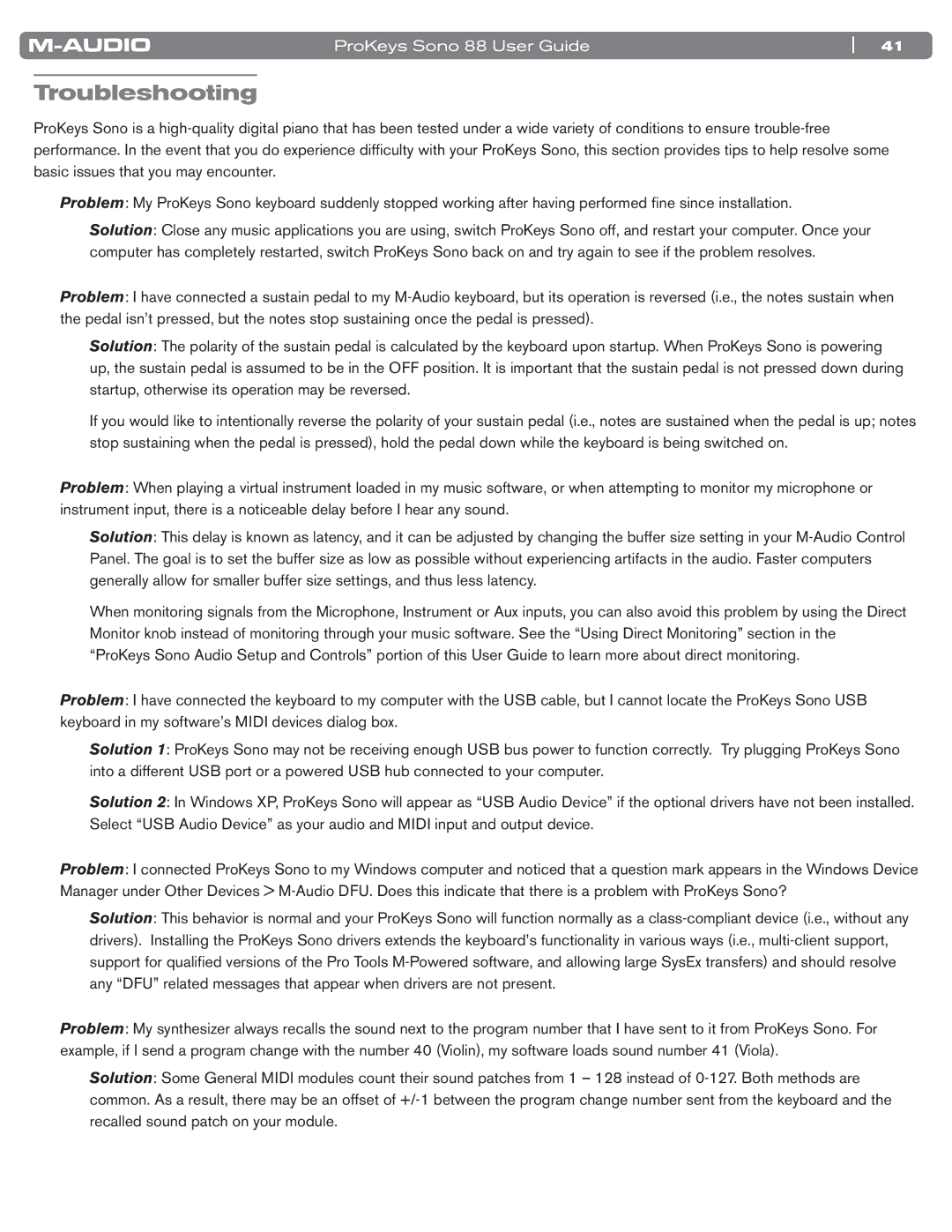 M-Audio SONO 88 manual Troubleshooting 