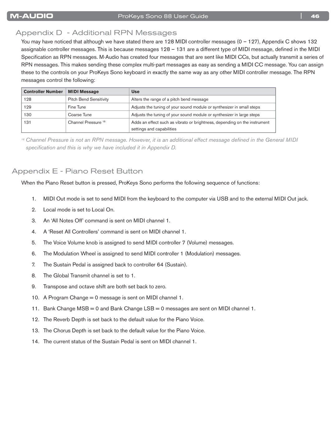 M-Audio SONO 88 manual Appendix D Additional RPN Messages, Appendix E Piano Reset Button 