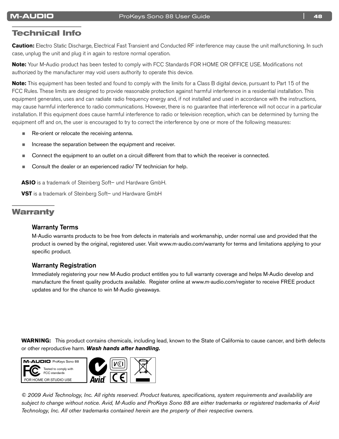 M-Audio SONO 88 manual Technical Info, Warranty Terms Warranty Registration 