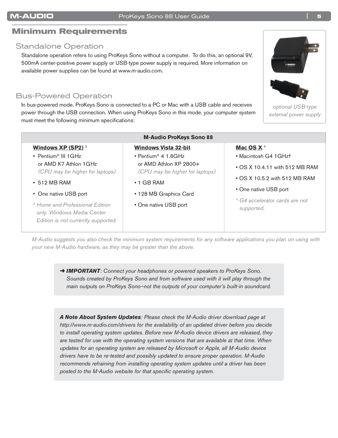 M-Audio SONO 88 manual Minimum Requirements, Standalone Operation Bus-Powered Operation 