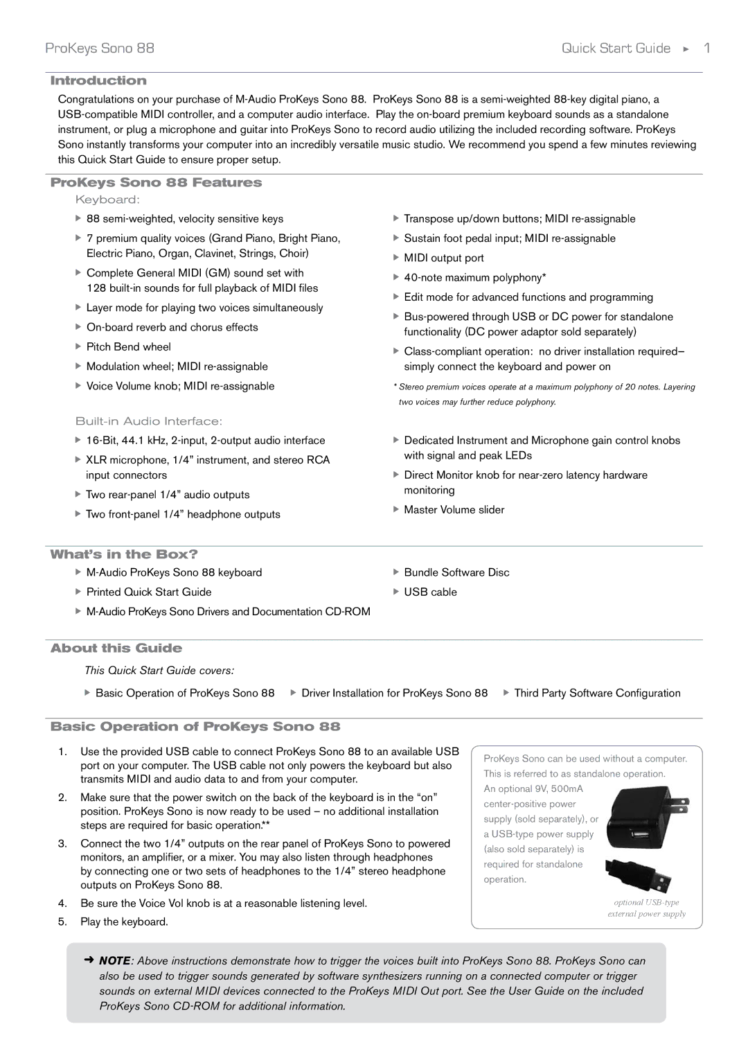 M-Audio SONO 88 quick start ProKeys Sono Quick Start Guide 