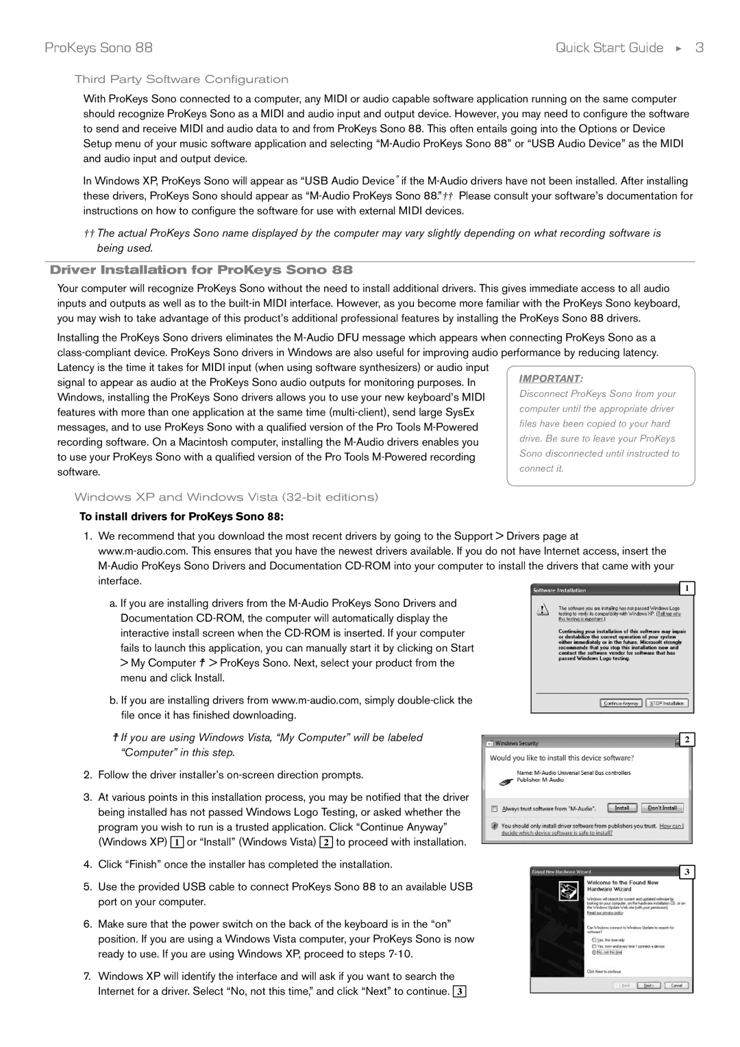 M-Audio SONO 88 quick start Driver Installation for ProKeys Sono, Third Party Software Configuration 