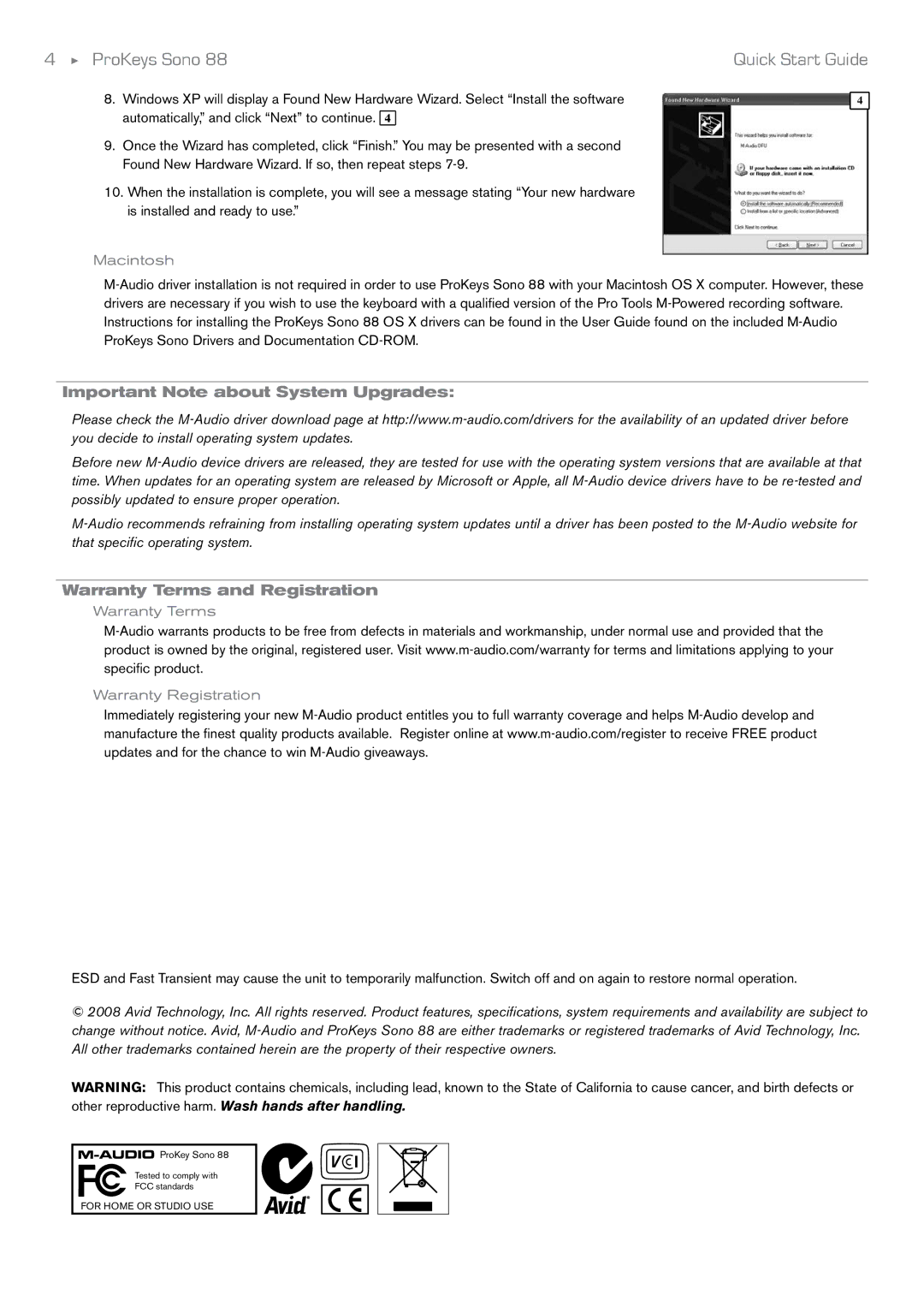 M-Audio SONO 88 quick start ProKeys Sono, Important Note about System Upgrades, Warranty Terms and Registration, Macintosh 