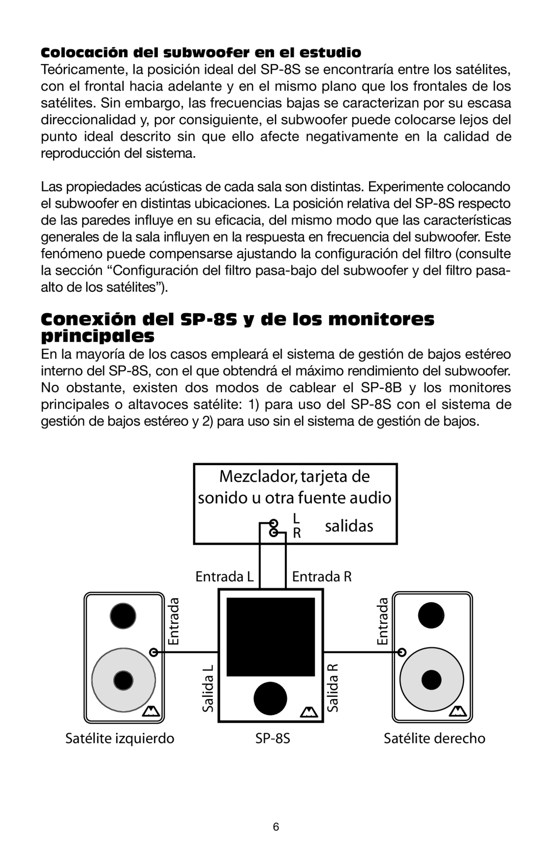 M-Audio manual Conexión del SP-8S y de los monitores principales, Colocación del subwoofer en el estudio 