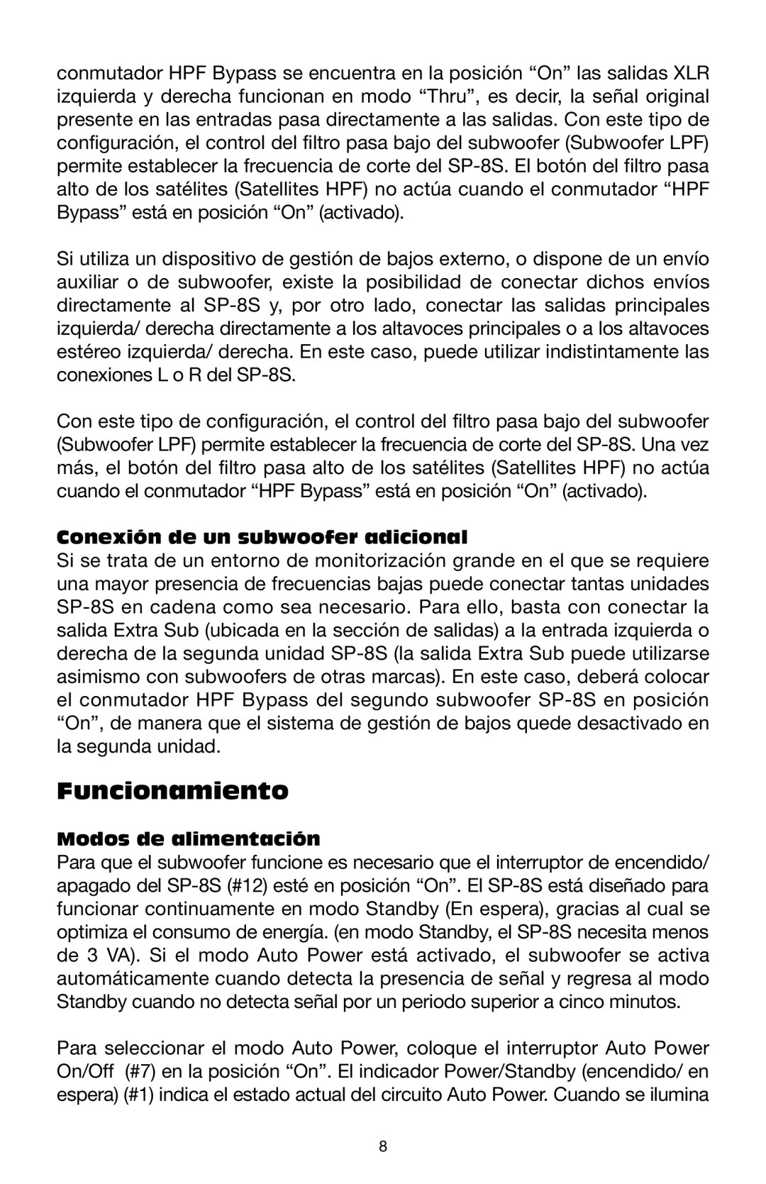 M-Audio SP-8S manual Funcionamiento, Conexión de un subwoofer adicional, Modos de alimentación 