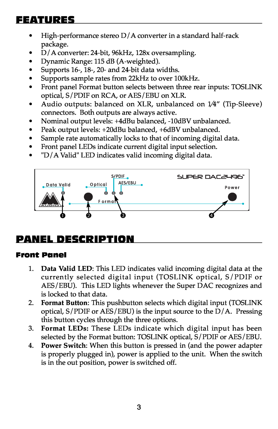 M-Audio TC9820PHI warranty Features, Panel Description, Front Panel 
