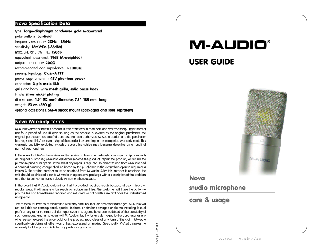 M-Audio KX-TG7203E, TG7200-7220E, KX-TG7223E, KX-TG7224E, KX-TG7222E, KX-TG7202E Nova Specification Data, Nova Warranty Terms 