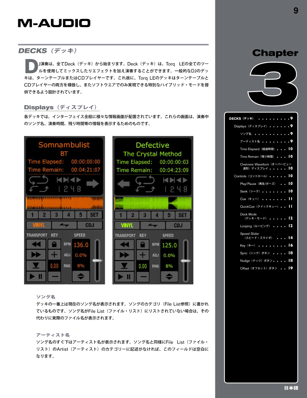 M-Audio TORQ MIXLAB manual Decks（デッキ）, Displays（ディスプレイ）, ソング名, アーティスト名 