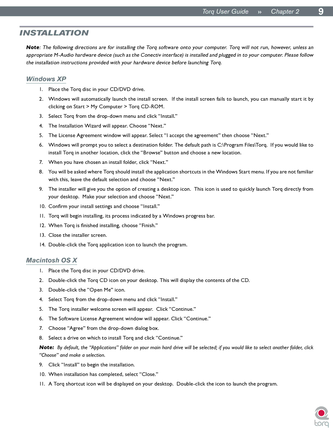 M-Audio Torq manual Installation, Windows XP, Macintosh OS 