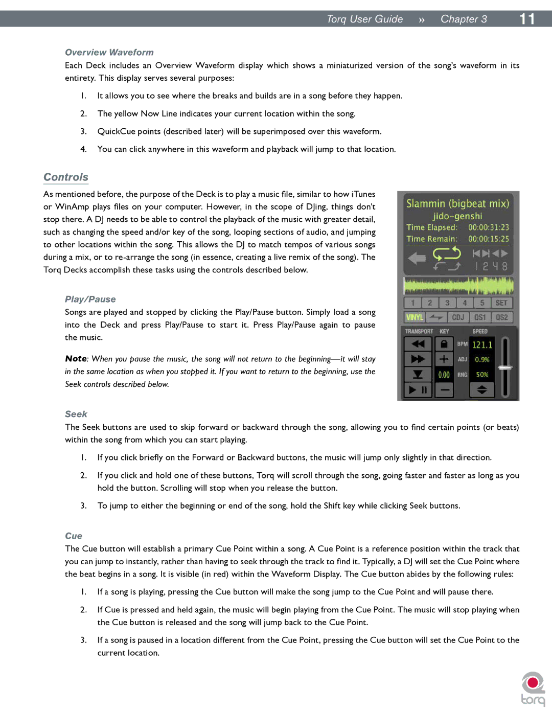 M-Audio Torq manual Controls, Overview Waveform, Play/Pause, Seek, Cue 