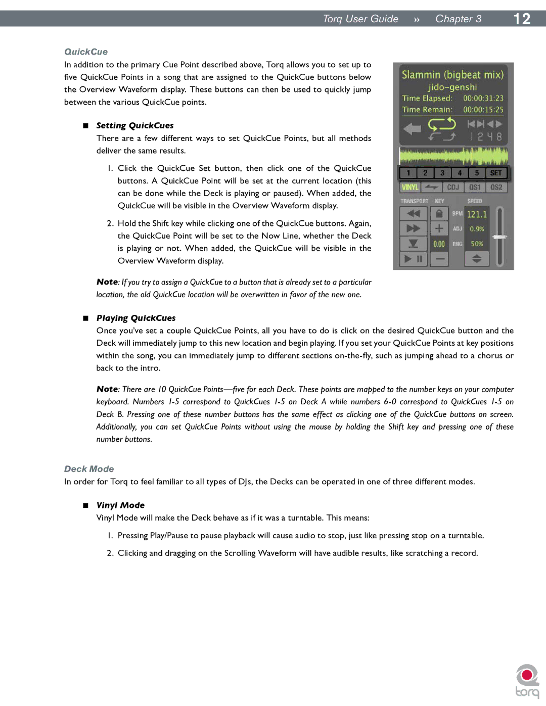 M-Audio Torq manual Setting QuickCues, Playing QuickCues, Deck Mode, Vinyl Mode 