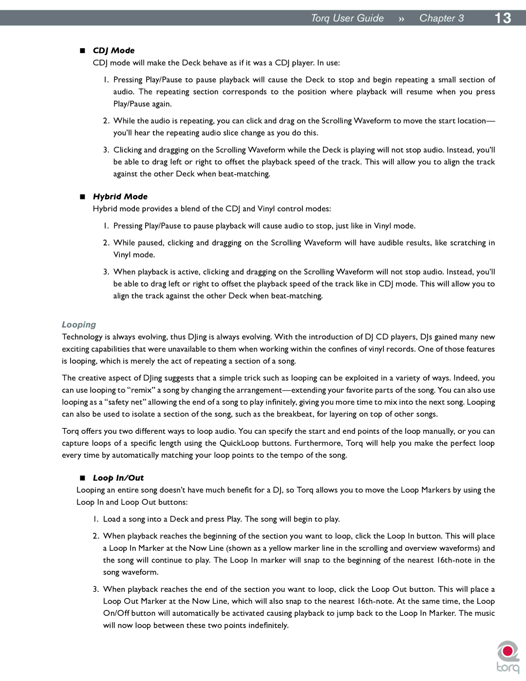 M-Audio Torq manual CDJ Mode, Hybrid Mode, Looping, Loop In/Out 