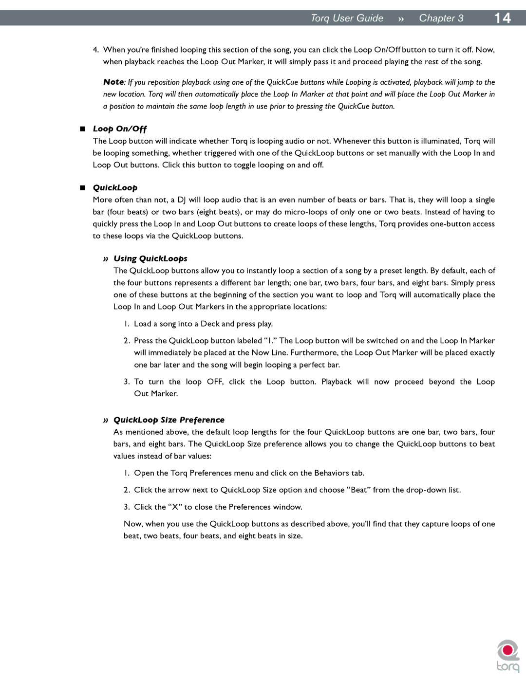 M-Audio Torq manual Loop On/Off, » Using QuickLoops, » QuickLoop Size Preference 