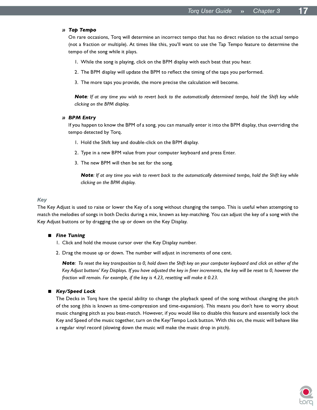 M-Audio Torq manual » Tap Tempo, » BPM Entry, Fine Tuning, Key/Speed Lock 