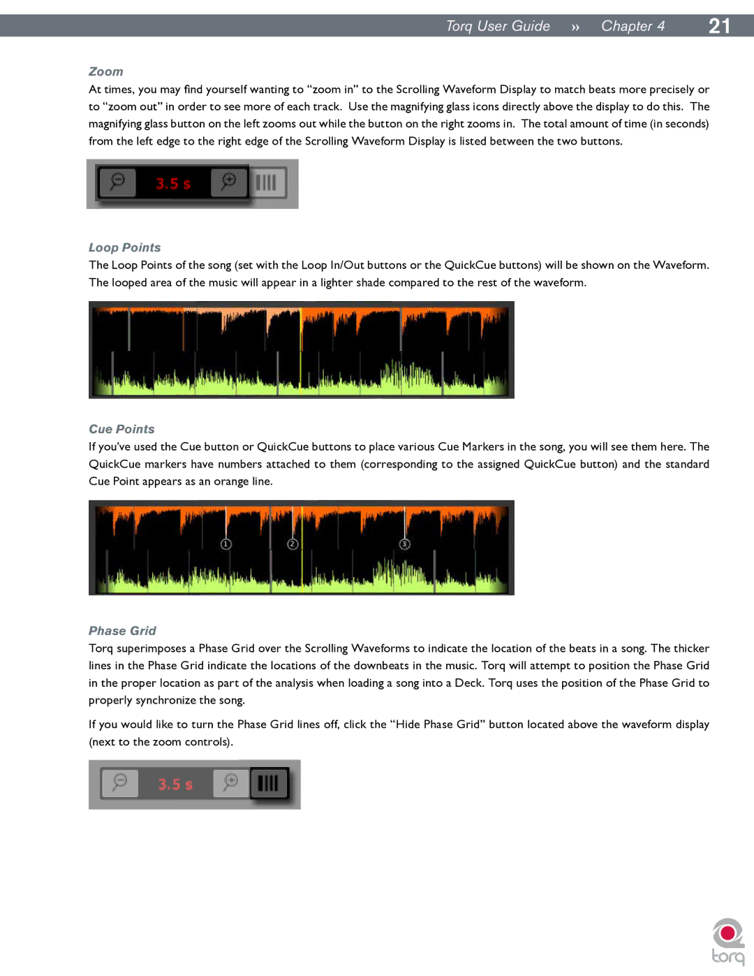 M-Audio Torq manual Zoom, Loop Points, Cue Points, Phase Grid 