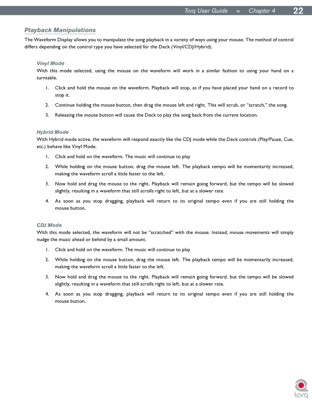 M-Audio Torq manual Playback Manipulations, Vinyl Mode, Hybrid Mode, CDJ Mode 