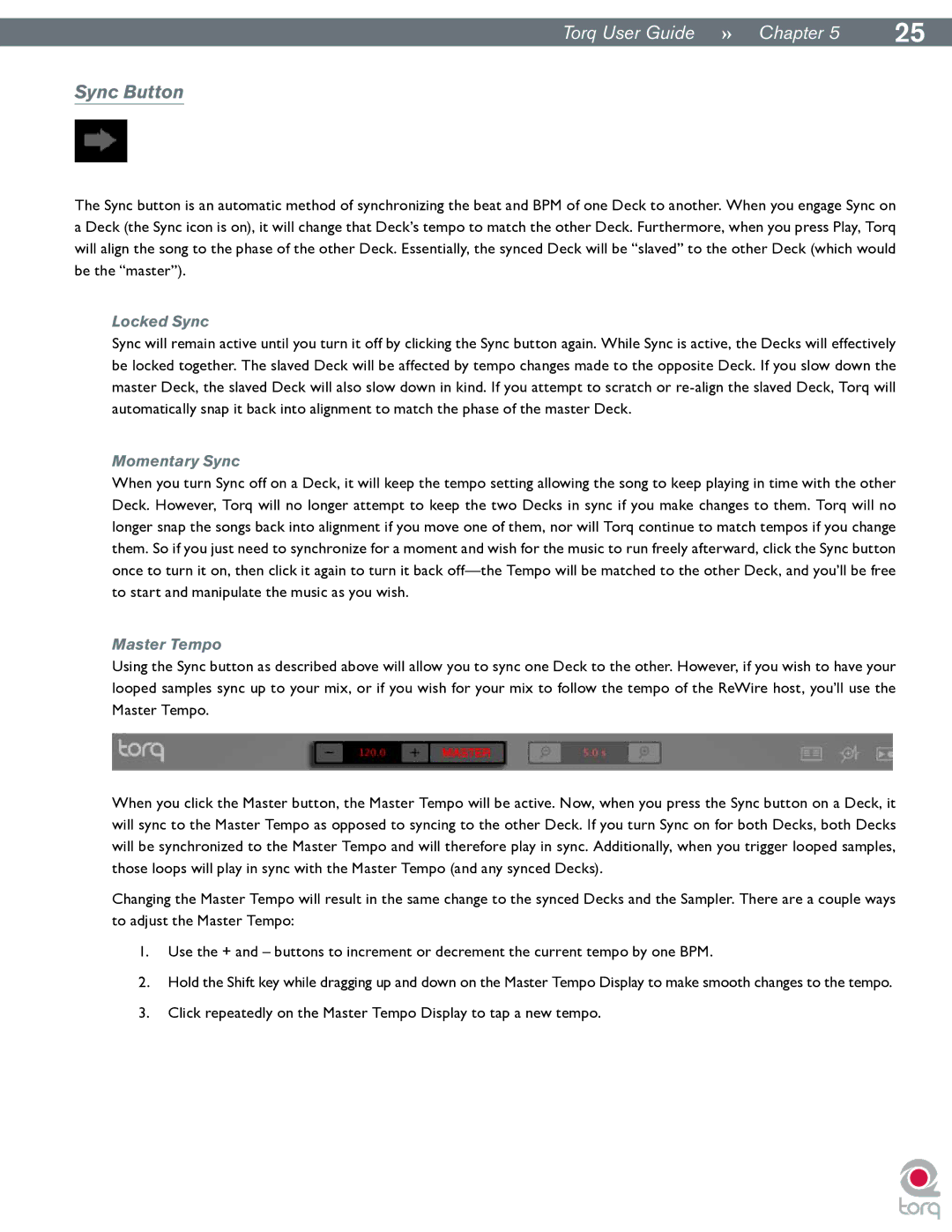M-Audio Torq manual Sync Button, Locked Sync, Momentary Sync, Master Tempo 