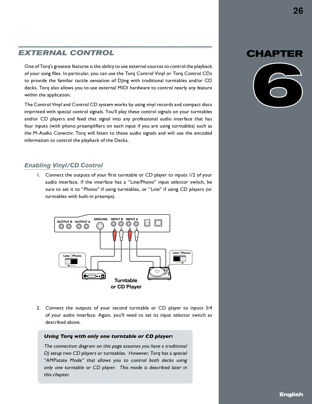 M-Audio manual External Control, Enabling Vinyl/CD Control, Using Torq with only one turntable or CD player 