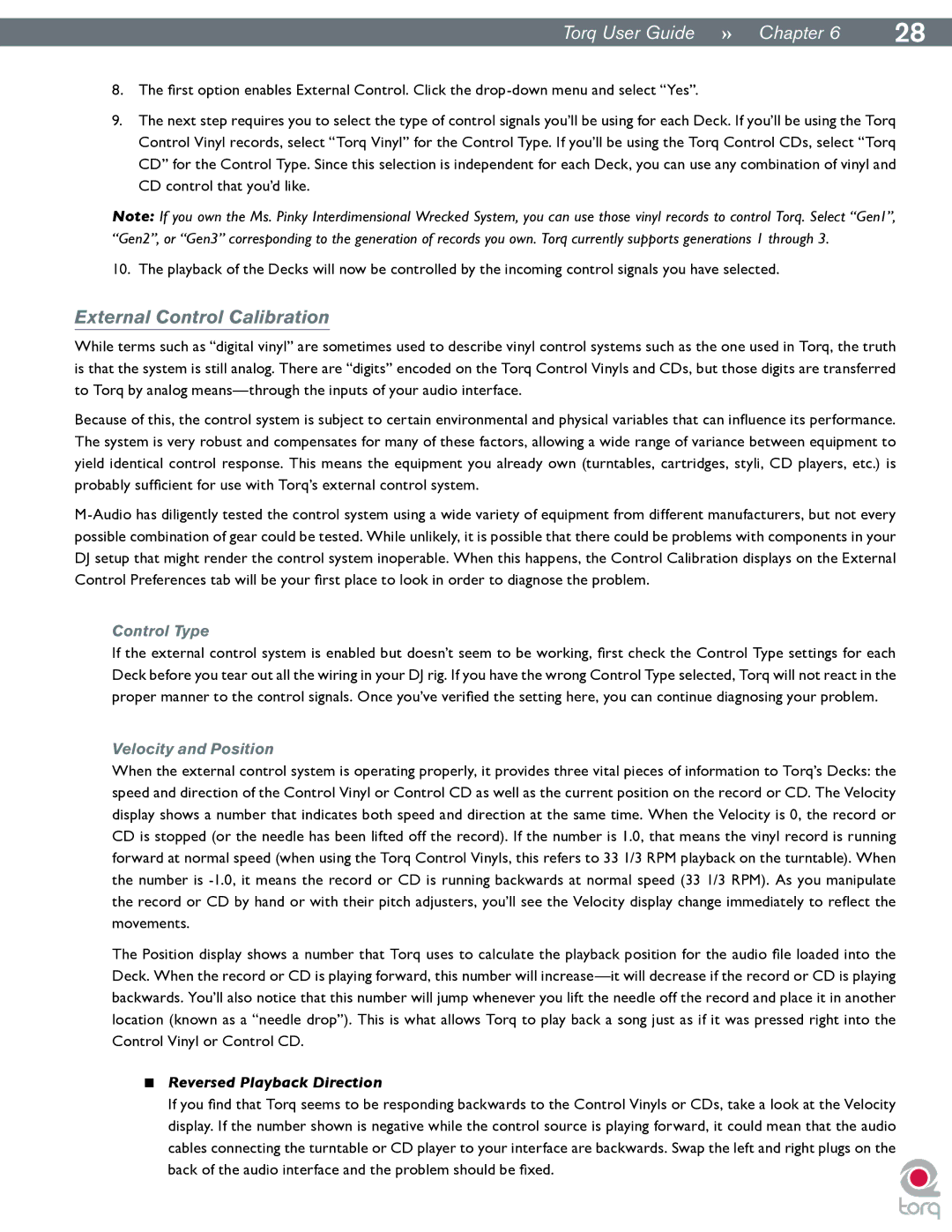 M-Audio Torq manual External Control Calibration, Control Type, Velocity and Position, Reversed Playback Direction 