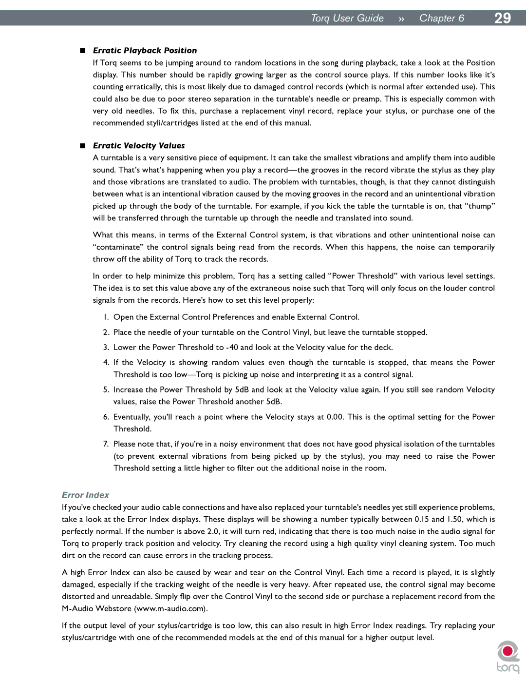 M-Audio Torq manual Erratic Playback Position, Erratic Velocity Values, Error Index 