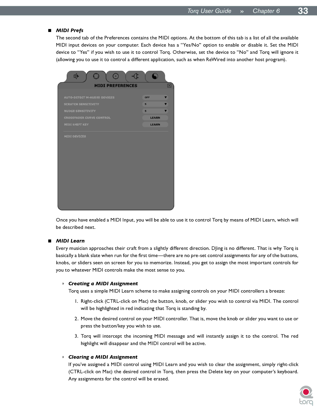 M-Audio Torq manual Midi Prefs, Midi Learn, » Creating a Midi Assignment, » Clearing a Midi Assignment 