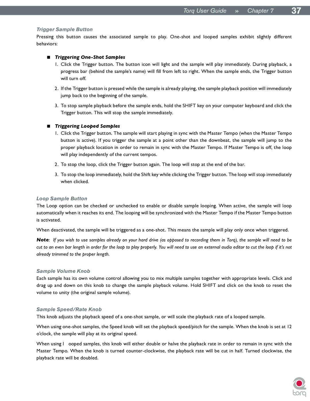 M-Audio Torq manual Trigger Sample Button, Loop Sample Button, Sample Volume Knob, Sample Speed/Rate Knob 
