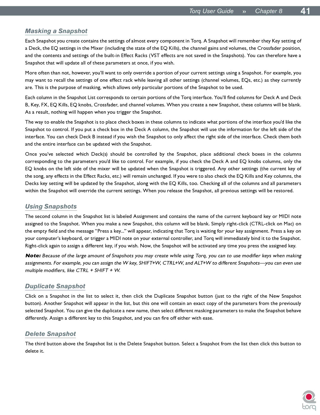 M-Audio Torq manual Masking a Snapshot, Using Snapshots, Duplicate Snapshot, Delete Snapshot 