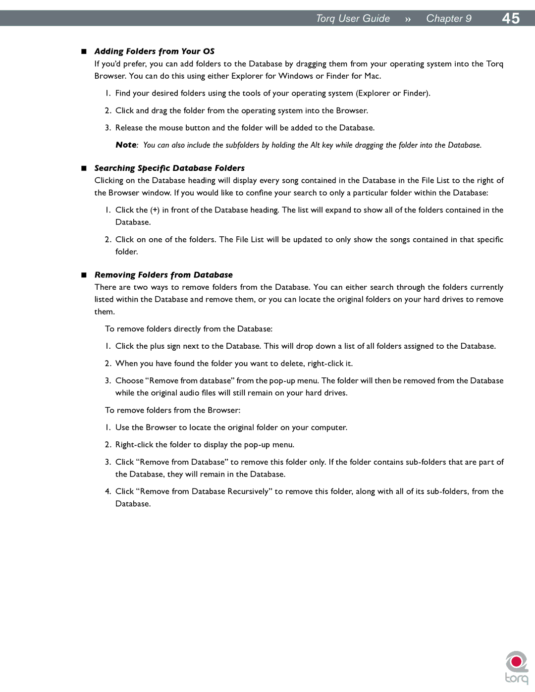 M-Audio Torq manual Adding Folders from Your OS, Searching Specific Database Folders, Removing Folders from Database 