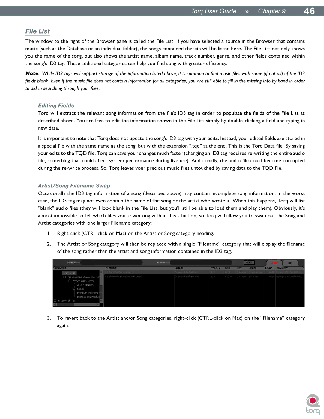 M-Audio Torq manual File List, Editing Fields, Artist/Song Filename Swap 