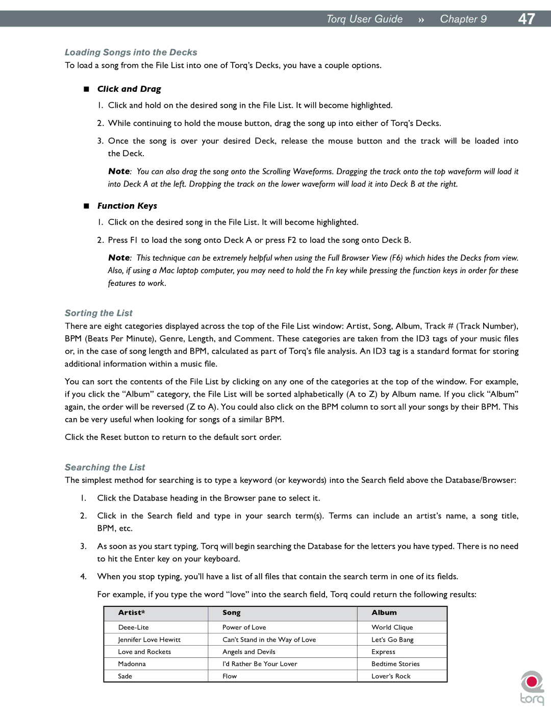 M-Audio Torq manual Loading Songs into the Decks, Click and Drag, Function Keys, Sorting the List, Searching the List 