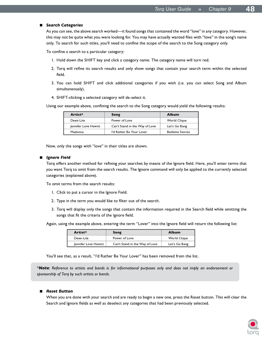 M-Audio Torq manual Search Categories, Ignore Field, Reset Button 