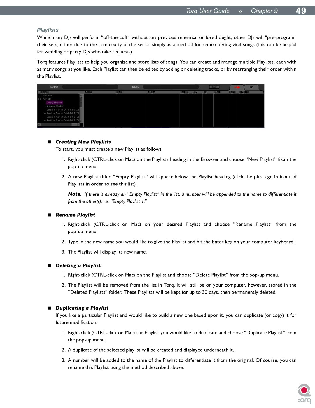 M-Audio Torq manual Creating New Playlists, Rename Playlist, Deleting a Playlist, Duplicating a Playlist 