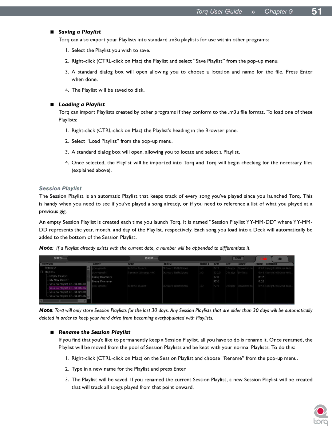 M-Audio Torq manual Saving a Playlist, Loading a Playlist, Rename the Session Playlist 