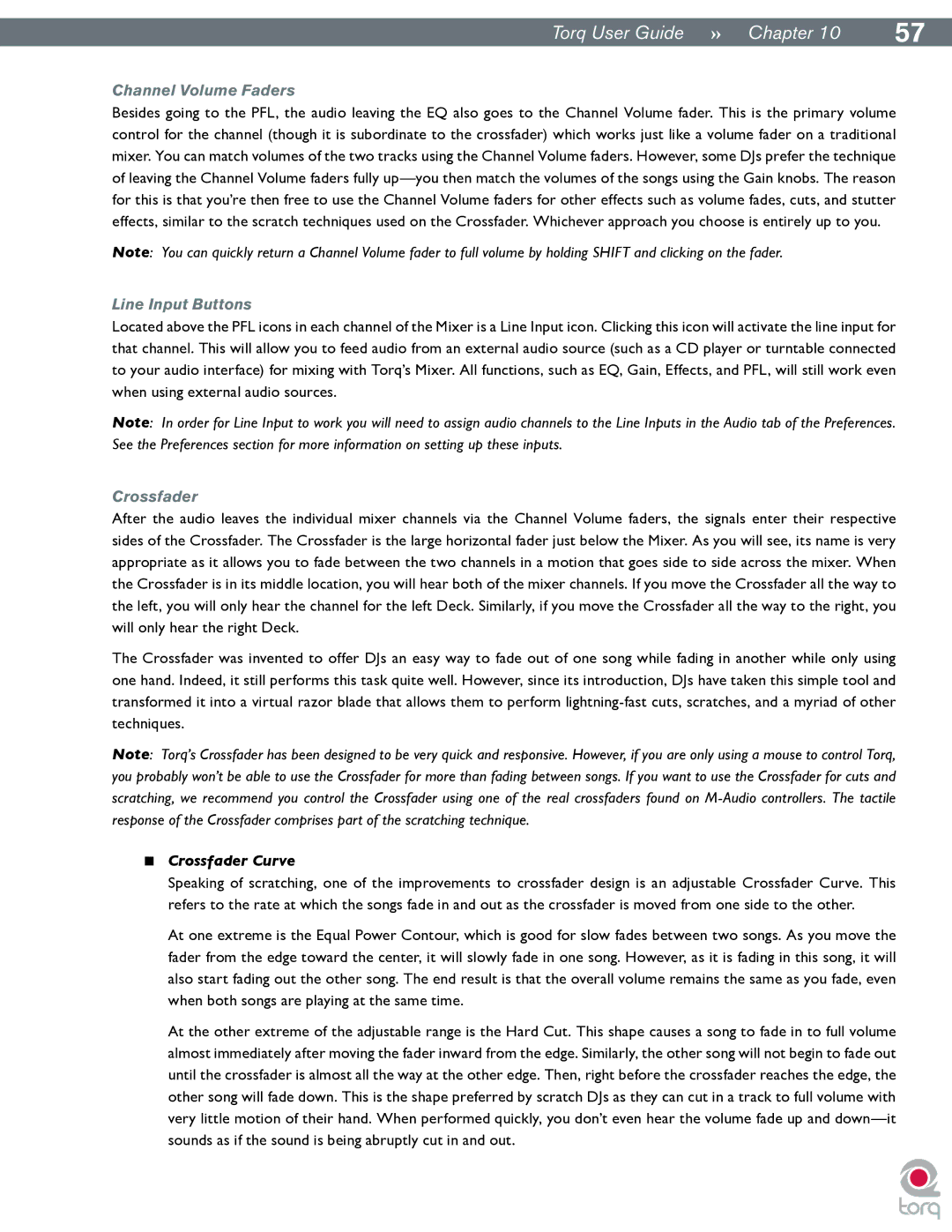 M-Audio Torq manual Channel Volume Faders, Line Input Buttons, Crossfader Curve 